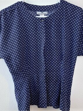 jonathan martin Vintage Navy and White Geometric Short Sleeve Blouse